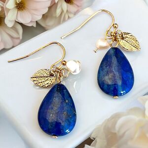 New Lapis Lazuli Earrings Gold Plate Spring Street Pearls Teardrop - 12M